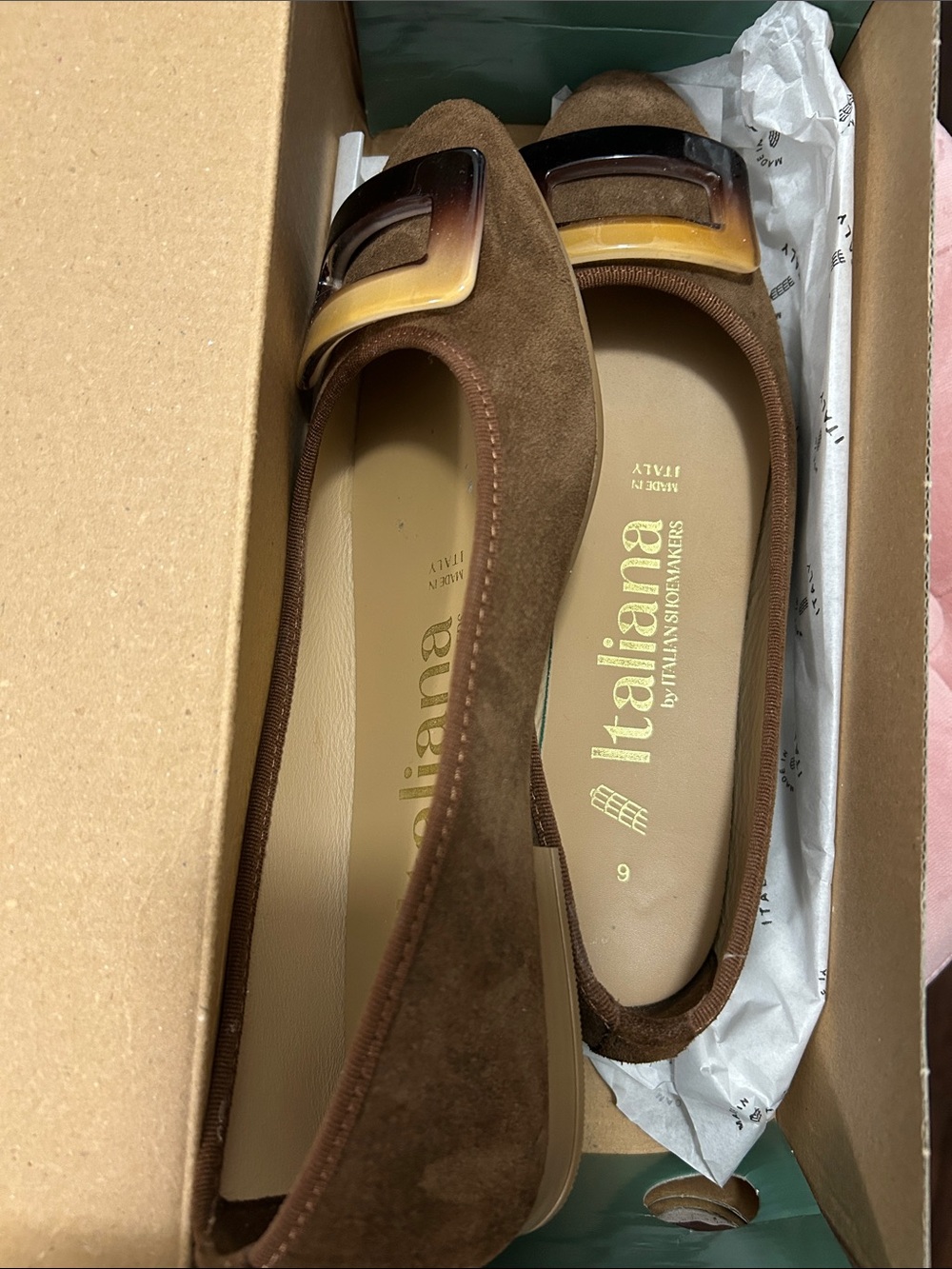 Italiana Brown Suede Flats with Tortoiseshell Buckle